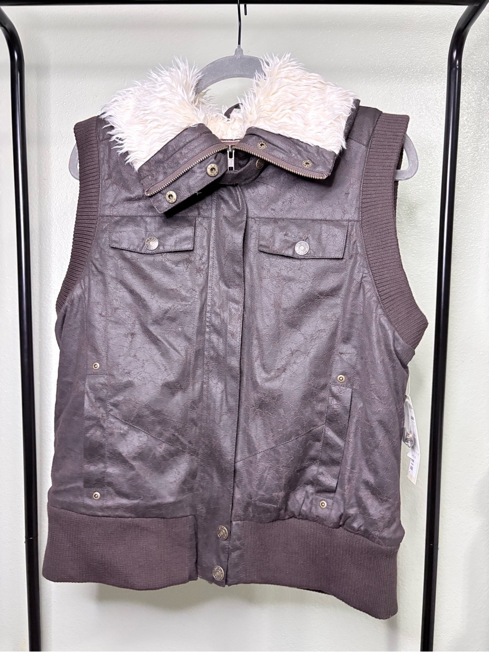 NWT Cripple Creek Ranchwear Brown Faux Leather Faux Fur Collar Vest Sizes S & L